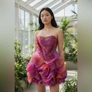 Vibrant Pink Rainbow Beaded Strapless Cocktail Party Dress